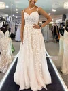 A-line V-neck Tulle Sweep Train Prom Dresses With Appliques Lace #Milly020114230