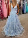 Princess V-neck Glitter Sweep Train Prom Dresses With Pockets #Milly020114232