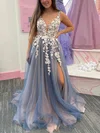 A-line V-neck Tulle Sweep Train Prom Dresses With Flower(s) #Milly020114236