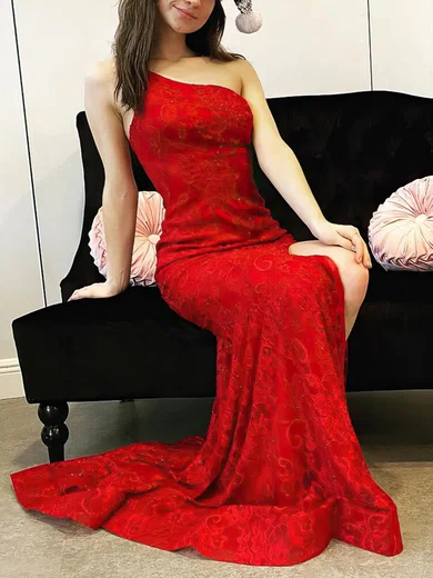 Sheath/Column One Shoulder Lace Sweep Train Prom Dresses With Beading #Milly020114238