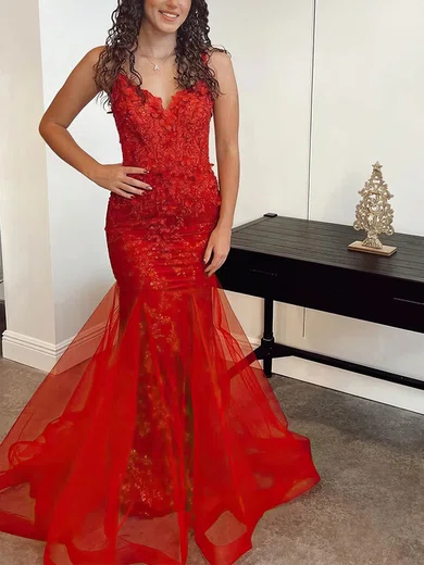Trumpet/Mermaid V-neck Tulle Sweep Train Prom Dresses With Appliques Lace #Milly020114239