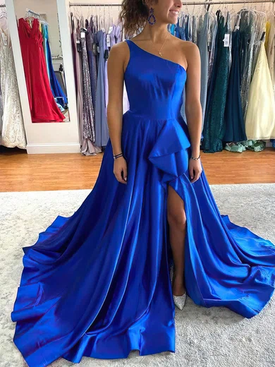 Ball Gown One Shoulder Satin Sweep Train Prom Dresses With Cascading Ruffles #Milly020114247