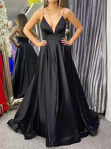 A-line V-neck Satin Sweep Train Prom Dresses With Beading #Milly020114248