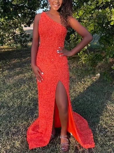 Sheath/Column One Shoulder Sequined Sweep Train Prom Dresses With Split Front #Milly020114249