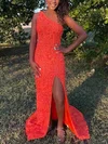 Sheath/Column One Shoulder Sequined Sweep Train Prom Dresses With Split Front #Milly020114249
