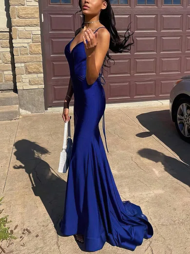 Trumpet/Mermaid V-neck Stretch Crepe Sweep Train Prom Dresses #Milly020114251