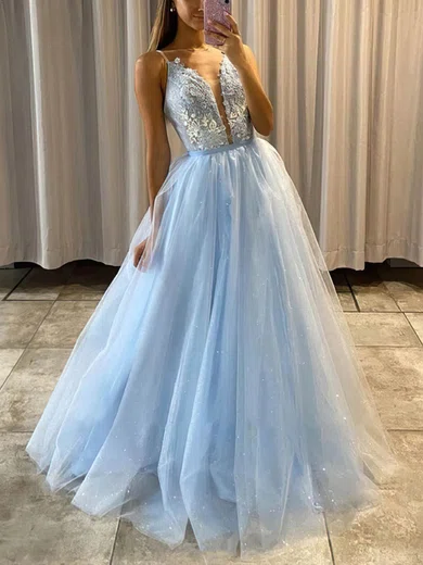 Ball Gown V-neck Floor-length Tulle Prom Dresses With Appliques #Milly020114254