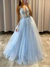 Princess V-neck Tulle Glitter Floor-length Prom Dresses With Appliques Lace #Milly020114254