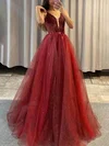 Ball Gown/Princess Floor-length V-neck Tulle Glitter Appliques Lace Prom Dresses #Milly020114255