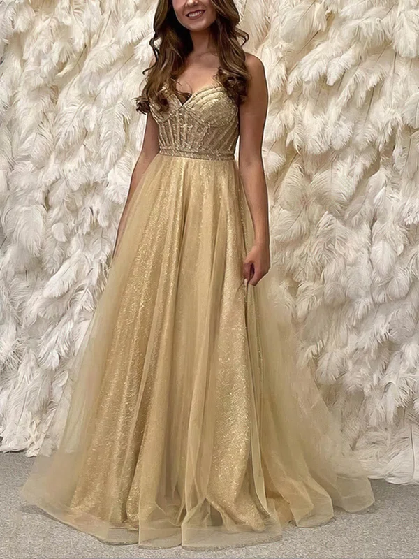 A-line V-neck Tulle Glitter Floor-length Prom Dresses #Milly020114257