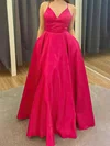 A-line V-neck Satin Floor-length Prom Dresses With Pockets #Milly020114258