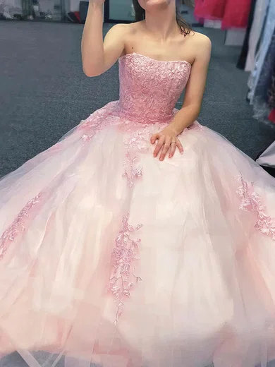 Ball Gown Strapless Tulle Sweep Train Prom Dresses With Appliques Lace #Milly020114262