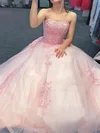 Ball Gown Strapless Tulle Sweep Train Prom Dresses With Appliques Lace #Milly020114262