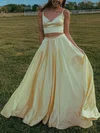 A-line V-neck Satin Floor-length Prom Dresses #Milly020114269