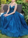 A-line V-neck Tulle Glitter Sweep Train Prom Dresses With Appliques Lace #Milly020114271