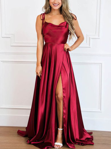 A-line Sweep Train Cowl Neck Silk-like Satin Split Front Prom Dresses #Milly020114276