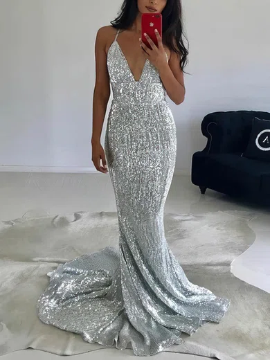 Sheath/Column Sweep Train V-neck Sequined Prom Dresses #Milly020114278
