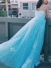 A-line Scoop Neck Tulle Sweep Train Prom Dresses With Beading #Milly020114282