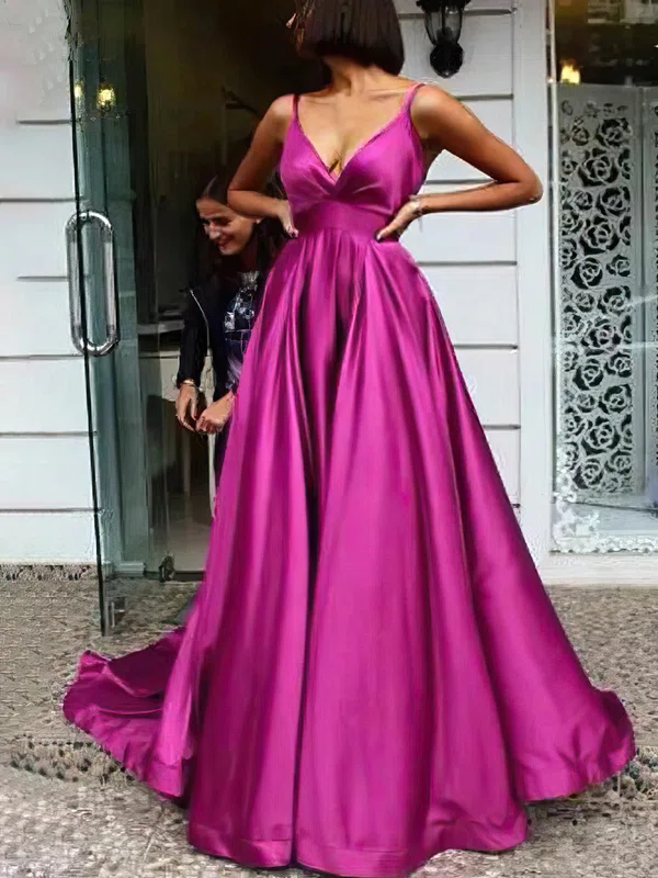A-line V-neck Satin Sweep Train Prom Dresses #Milly020114283