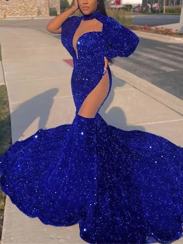 Trumpet/Mermaid High Neck Sequined Sweep Train Prom Dresses #Milly020114288