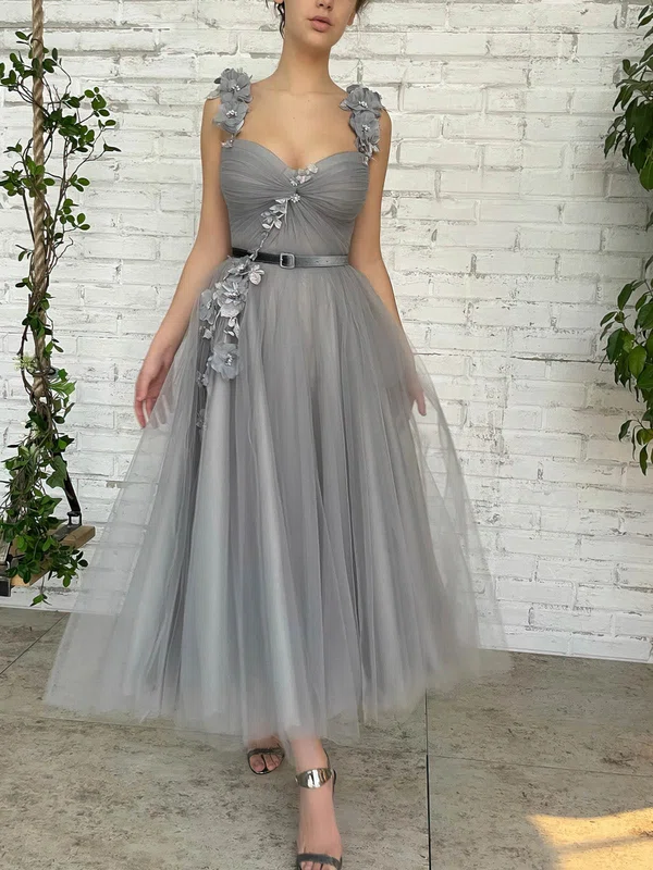 Ball Gown/Princess V-neck Tulle Ankle-length Prom Dresses With Flower(s) #Milly020114298