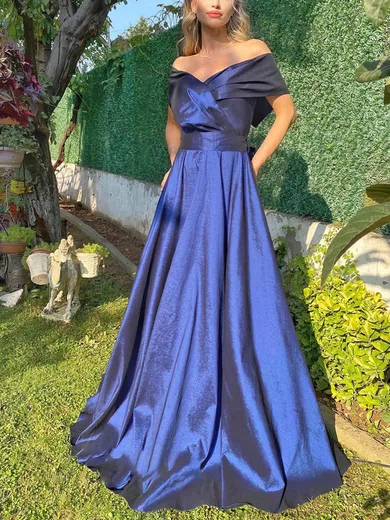 A-line Off-the-shoulder Satin Sweep Train Prom Dresses With Sashes / Ribbons #Milly020114300