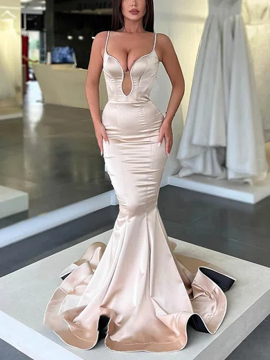 Mermaid V-neck Satin Prom Dresses With Beading #Milly020114305