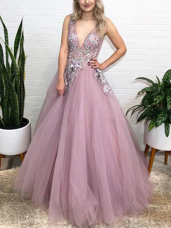 Ball Gown V-neck Tulle Floor-length Prom Dresses With Appliques Lace #Milly020114309