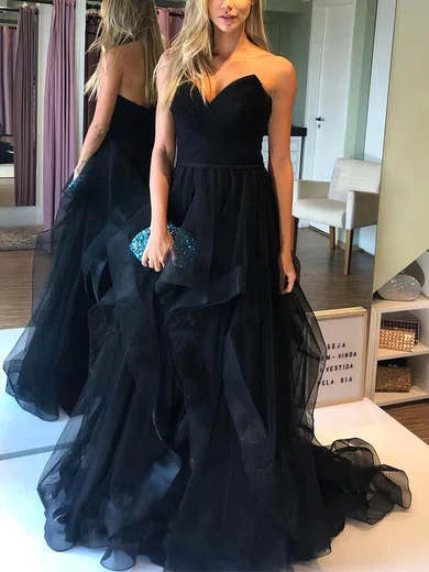 A-line V-neck Tulle Sweep Train Prom Dresses With Cascading Ruffles #Milly020114312