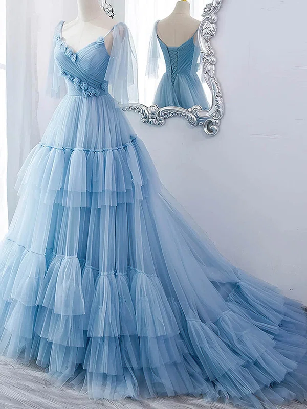 Ball Gown V-neck Tulle Sweep Train Prom Dresses With Tiered #Milly020114327