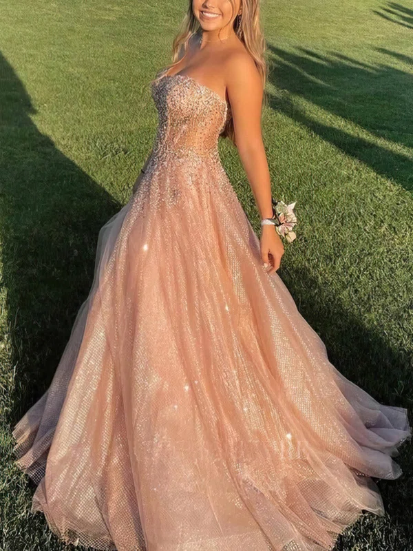 Ball Gown Strapless Tulle Glitter Floor-length Prom Dresses With Beading #Milly020114335