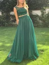 A-line Scoop Neck Lace Tulle Floor-length Prom Dresses With Appliques Lace #Milly020114336