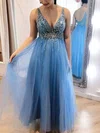 A-line V-neck Tulle Floor-length Prom Dresses With Beading #Milly020114341