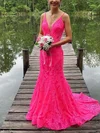 Trumpet/Mermaid V-neck Lace Sweep Train Prom Dresses #Milly020114344