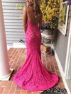 Trumpet/Mermaid V-neck Lace Sweep Train Prom Dresses With Beading #Milly020114347