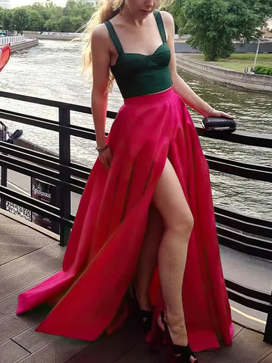A-line V-neck Satin Sweep Train Prom Dresses With Split Front #Milly020114351