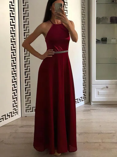 A-line Scoop Neck Chiffon Floor-length Prom Dresses With Beading #Milly020114359