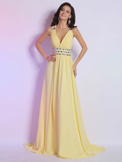 Discount Daffodil Chiffon V-neck Sweep Train Crystal Detailing Prom Dress #02014280