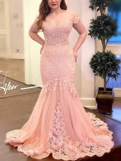 Trumpet/Mermaid Off-the-shoulder Tulle Sweep Train Prom Dresses With Appliques Lace #Milly020114364