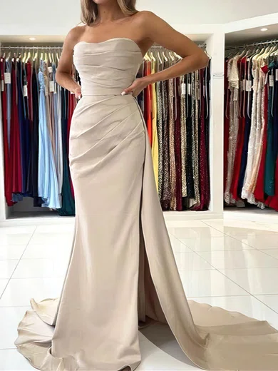 Sheath Column Sweetheart Silk like Satin Sweep Train Prom Dresses With Split Front millybridal