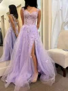 A-line Sweetheart Tulle Glitter Sweep Train Prom Dresses With Split Front #Milly020114369
