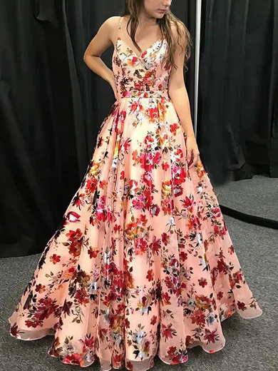 A-line V-neck Organza Floor-length Prom Dresses #Milly020114370