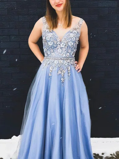 A-line V-neck Tulle Glitter Floor-length Prom Dresses With Appliques Lace #Milly020114371