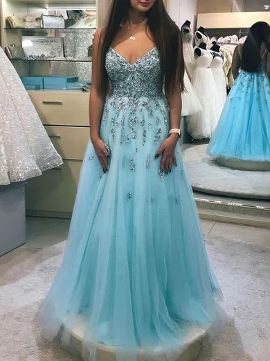 A-line V-neck Tulle Floor-length Prom Dresses With Beading #Milly020114373