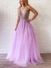 A-line V-neck Tulle Sweep Train Prom Dresses With Beading #Milly020114374