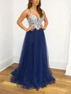 A-line V-neck Tulle Sweep Train Prom Dresses With Appliques Lace #Milly020114375