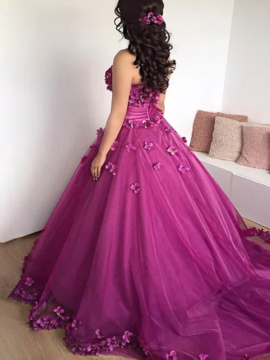 Ball Gown Strapless Tulle Sweep Train Prom Dresses With Flower(s) #Milly020114377