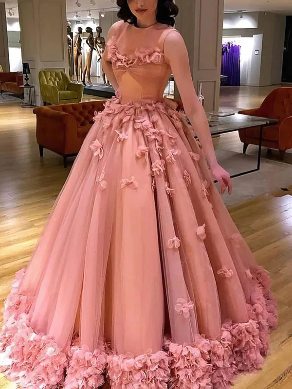 Ball Gown Scoop Neck Tulle Floor-length Prom Dresses With Flower(s) #Milly020114378