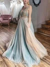 A-line V-neck Tulle Sweep Train Prom Dresses With Flower(s) #Milly020114380