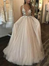 Ball Gown V-neck Tulle Sweep Train Prom Dresses With Appliques Lace #Milly020114382